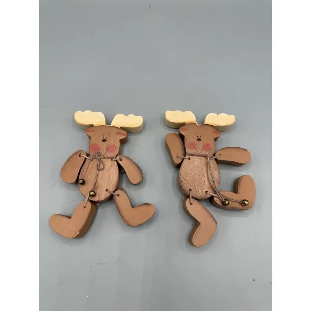 From the Heart Knotty Mooshan Jointed Wooden Moose Ornaments Set of 2 Vintage